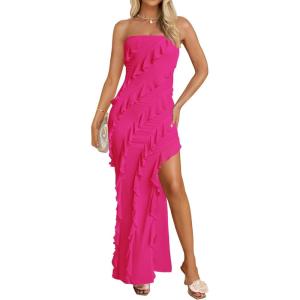 ZESICA Women’s 2026 Strapless Bodycon Dress Sexy Off Shoulder Mesh Tassel Ruffle Side Split Tube Party Maxi Dresses(Rose)