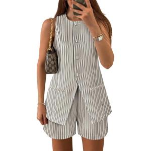 ZESICA Women’s 2026 Summer 2 Piece Short Sets Sleeveless Crew Neck Suit Vest Tops High Waist Shorts Business Outfits(Apricotstripe)