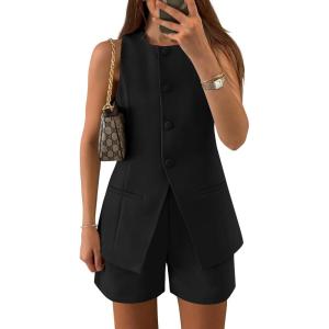 ZESICA Women’s 2026 Summer 2 Piece Short Sets Sleeveless Crew Neck Suit Vest Tops High Waist Shorts Business Outfits(Black)