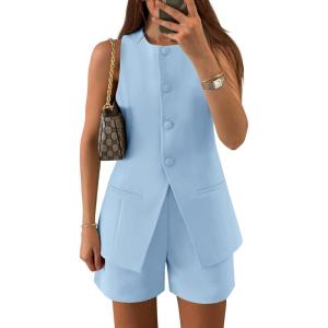 ZESICA Women’s 2026 Summer 2 Piece Short Sets Sleeveless Crew Neck Suit Vest Tops High Waist Shorts Business Outfits(Blue)