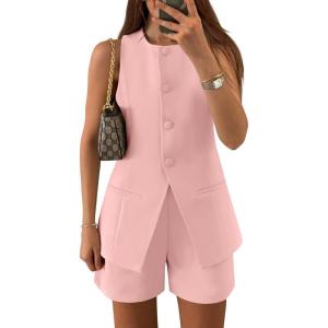 ZESICA Women’s 2026 Summer 2 Piece Short Sets Sleeveless Crew Neck Suit Vest Tops High Waist Shorts Business Outfits(Pink)
