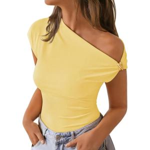 ZESICA Women’s 2026 Summer Off Shoulder Tops Going Out Sexy Y2k Shirts Spring Cap Sleeve Ruched Asymmetrical Blouses(Butter Yellow)
