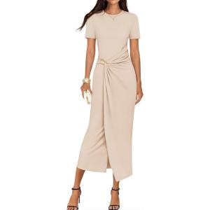 ZESICA Women’s 2026 Summer Short Sleeve Bodycon Midi Dress Crewneck Ruched Split Wedding Guest Cocktail Wrap Dresses(Apricot)