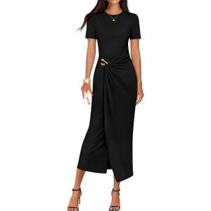 ZESICA Women’s 2026 Summer Short Sleeve Bodycon Midi Dress Crewneck Ruched Split Wedding Guest Cocktail Wrap Dresses(Black)