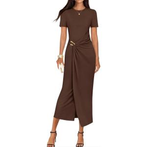 ZESICA Women’s 2026 Summer Short Sleeve Bodycon Midi Dress Crewneck Ruched Split Wedding Guest Cocktail Wrap Dresses(Coffee)