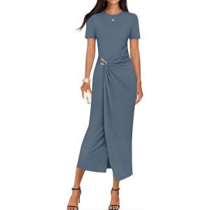 ZESICA Women’s 2026 Summer Short Sleeve Bodycon Midi Dress Crewneck Ruched Split Wedding Guest Cocktail Wrap Dresses(Dusty Blue)