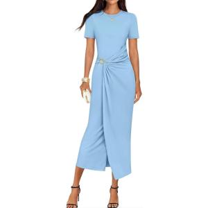 ZESICA Women’s 2026 Summer Short Sleeve Bodycon Midi Dress Crewneck Ruched Split Wedding Guest Cocktail Wrap Dresses(Light Blue)