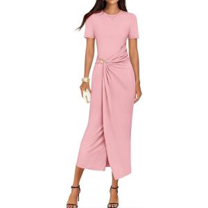 ZESICA Women’s 2026 Summer Short Sleeve Bodycon Midi Dress Crewneck Ruched Split Wedding Guest Cocktail Wrap Dresses(Pink)
