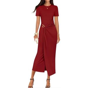 ZESICA Women’s 2026 Summer Short Sleeve Bodycon Midi Dress Crewneck Ruched Split Wedding Guest Cocktail Wrap Dresses(Red)