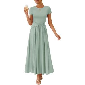 ZESICA Women’s 2026 Summer Short Sleeve Maxi Dresses Twist Front Wedding Guest Cocktail Flowy A Line Long Dress(Beangreen)