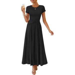 ZESICA Women’s 2026 Summer Short Sleeve Maxi Dresses Twist Front Wedding Guest Cocktail Flowy A Line Long Dress(Black)