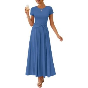 ZESICA Women’s 2026 Summer Short Sleeve Maxi Dresses Twist Front Wedding Guest Cocktail Flowy A Line Long Dress(Blue)