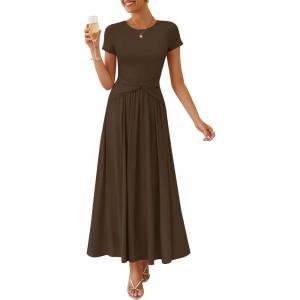 ZESICA Women’s 2026 Summer Short Sleeve Maxi Dresses Twist Front Wedding Guest Cocktail Flowy A Line Long Dress(Brown)