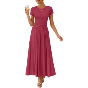 ZESICA Women’s 2026 Summer Short Sleeve Maxi Dresses Twist Front Wedding Guest Cocktail Flowy A Line Long Dress(Roseberry)