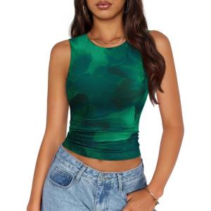 ZESICA Women’s 2026 Summer Sleeveless Floral Tank Tops Mesh Y2K Crop Going Out Outfits Beach Vacation Trendy Clothes(Green)