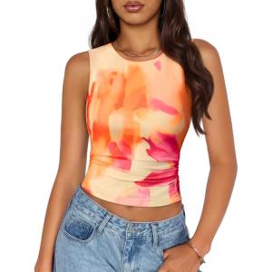 ZESICA Women’s 2026 Summer Sleeveless Floral Tank Tops Mesh Y2K Crop Going Out Outfits Beach Vacation Trendy Clothes(Orange)