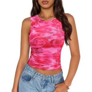 ZESICA Women’s 2026 Summer Sleeveless Floral Tank Tops Mesh Y2K Crop Going Out Outfits Beach Vacation Trendy Clothes(Rose)