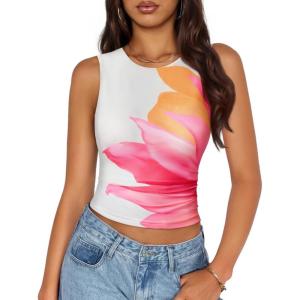 ZESICA Women’s 2026 Summer Sleeveless Floral Tank Tops Mesh Y2K Crop Going Out Outfits Beach Vacation Trendy Clothes(White)