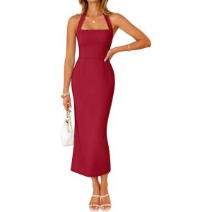 ZESICA Women’s 2026 Summer Sleeveless Midi Dress Halter Neck Backless Wedding Guest Cocktail Party Bodycon Long Dresses(Red)
