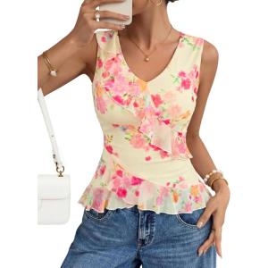 ZESICA Women‘s 2026 Summer Sleeveless V Neck Floral Ruffle Tops Casual Mesh Going Out Shirts Blouse Fashion Clothes(Apricot)