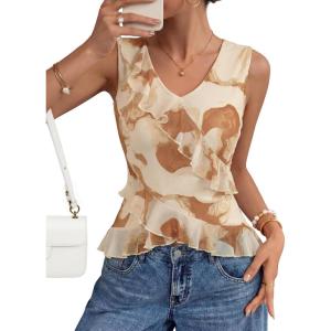 ZESICA Women‘s 2026 Summer Sleeveless V Neck Floral Ruffle Tops Casual Mesh Going Out Shirts Blouse Fashion Clothes(Brown)