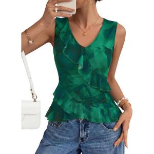 ZESICA Women‘s 2026 Summer Sleeveless V Neck Floral Ruffle Tops Casual Mesh Going Out Shirts Blouse Fashion Clothes(Green)
