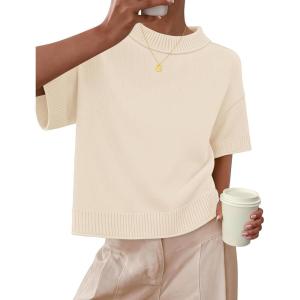 ZESICA Women’s Casual Short Sleeve Sweaters 2026 Summer Oversized Crewneck Soft Knit Cropped Tops Trendy Outfits(Beige)