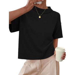 ZESICA Women’s Casual Short Sleeve Sweaters 2026 Summer Oversized Crewneck Soft Knit Cropped Tops Trendy Outfits(Black)