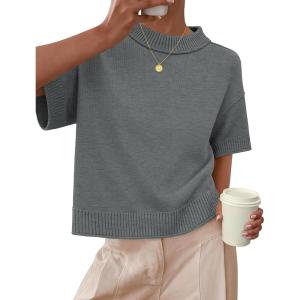 ZESICA Women’s Casual Short Sleeve Sweaters 2026 Summer Oversized Crewneck Soft Knit Cropped Tops Trendy Outfits(Darkgrey)