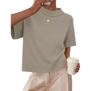 ZESICA Women’s Casual Short Sleeve Sweaters 2026 Summer Oversized Crewneck Soft Knit Cropped Tops Trendy Outfits(Khaki)
