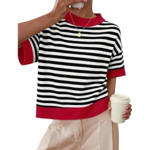 ZESICA Women’s Casual Short Sleeve Sweaters 2026 Summer Oversized Crewneck Soft Knit Cropped Tops Trendy Outfits(Stripes)