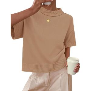 ZESICA Women’s Casual Short Sleeve Sweaters 2026 Summer Oversized Crewneck Soft Knit Cropped Tops Trendy Outfits(Toffee)