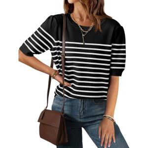 ZESICA Women’s Casual Striped Tops Short Sleeve Crew Neck Ribbed Knit T Shirts Comfy Loose Basic Pullover Sweater(Black)