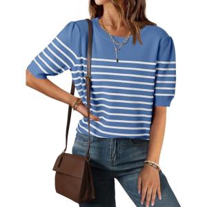 ZESICA Women’s Casual Striped Tops Short Sleeve Crew Neck Ribbed Knit T Shirts Comfy Loose Basic Pullover Sweater(Dusty Blue)