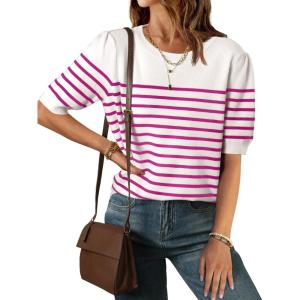 ZESICA Women’s Casual Striped Tops Short Sleeve Crew Neck Ribbed Knit T Shirts Comfy Loose Basic Pullover Sweater(Rosered)