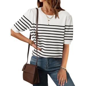 ZESICA Women’s Casual Striped Tops Short Sleeve Crew Neck Ribbed Knit T Shirts Comfy Loose Basic Pullover Sweater(White)