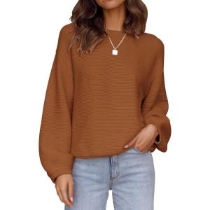 ZESICA Women’s Crew Neck Long Lantern Sleeve Fall 2026 Casual Loose Ribbed Knit Solid Soft Pullover Sweater Tops(Brown)