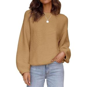 ZESICA Women’s Crew Neck Long Lantern Sleeve Fall 2026 Casual Loose Ribbed Knit Solid Soft Pullover Sweater Tops(Camel)