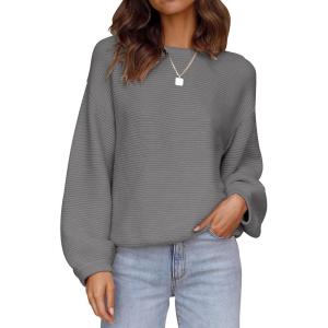 ZESICA Women’s Crew Neck Long Lantern Sleeve Fall 2026 Casual Loose Ribbed Knit Solid Soft Pullover Sweater Tops(Darkgrey)