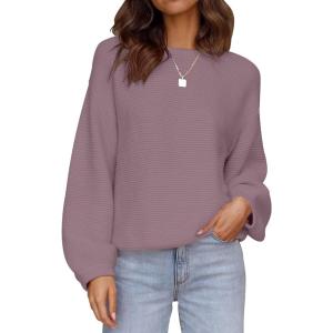 ZESICA Women’s Crew Neck Long Lantern Sleeve Fall 2026 Casual Loose Ribbed Knit Solid Soft Pullover Sweater Tops(Darkviolet)