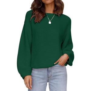 ZESICA Women’s Crew Neck Long Lantern Sleeve Fall 2026 Casual Loose Ribbed Knit Solid Soft Pullover Sweater Tops(Forestgreen)
