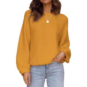 ZESICA Women’s Crew Neck Long Lantern Sleeve Fall 2026 Casual Loose Ribbed Knit Solid Soft Pullover Sweater Tops(Ginger)