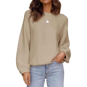 ZESICA Women’s Crew Neck Long Lantern Sleeve Fall 2026 Casual Loose Ribbed Knit Solid Soft Pullover Sweater Tops(Khaki)