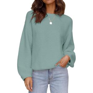 ZESICA Women’s Crew Neck Long Lantern Sleeve Fall 2026 Casual Loose Ribbed Knit Solid Soft Pullover Sweater Tops(Lake)