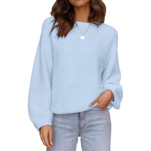 ZESICA Women’s Crew Neck Long Lantern Sleeve Fall 2026 Casual Loose Ribbed Knit Solid Soft Pullover Sweater Tops(Lightblue)