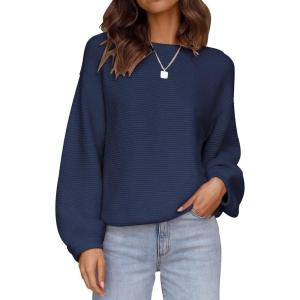 ZESICA Women’s Crew Neck Long Lantern Sleeve Fall 2026 Casual Loose Ribbed Knit Solid Soft Pullover Sweater Tops(Navy)