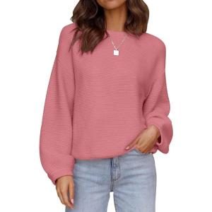 ZESICA Women’s Crew Neck Long Lantern Sleeve Fall 2026 Casual Loose Ribbed Knit Solid Soft Pullover Sweater Tops(Pink)