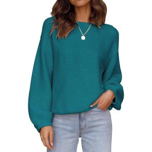 ZESICA Women’s Crew Neck Long Lantern Sleeve Fall 2026 Casual Loose Ribbed Knit Solid Soft Pullover Sweater Tops(Teal)