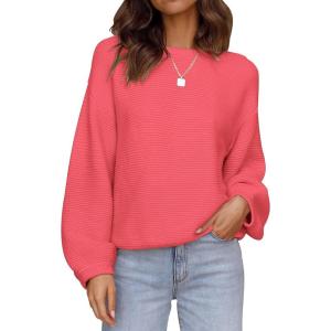 ZESICA Women’s Crew Neck Long Lantern Sleeve Fall 2026 Casual Loose Ribbed Knit Solid Soft Pullover Sweater Tops(Watermelon)