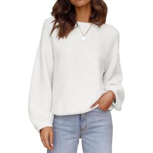 ZESICA Women’s Crew Neck Long Lantern Sleeve Fall 2026 Casual Loose Ribbed Knit Solid Soft Pullover Sweater Tops(White)